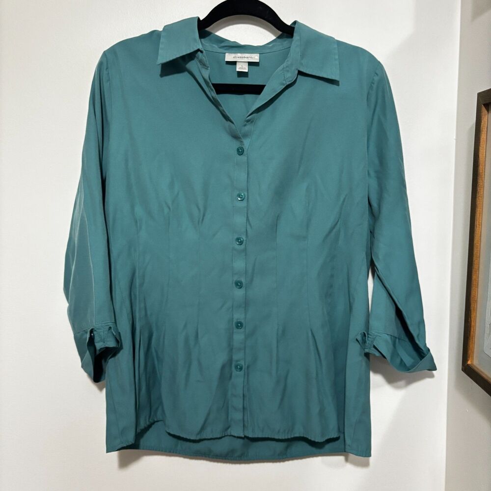 Dressbarn Teal Buttonβ Down Blouse Womens Large Roll Tab Sleeve